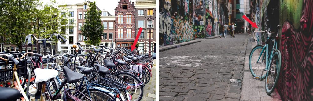 The bike on the left, stored among others on frequented and well-lit place (notice the lamp) is definitely safer than the one on the right – even if they were the very same bikes, locked by the same locks.