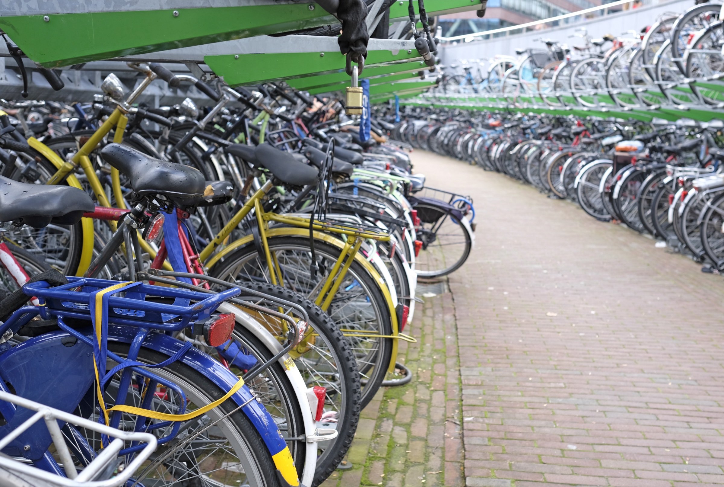 Lange rijen gewone stadsfietsen in een fietsenstalling in Rotterdam